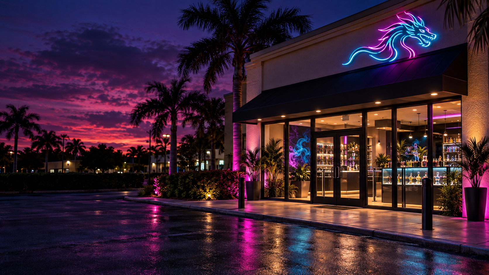 Illustrative neon-lit South Florida storefront at dusk