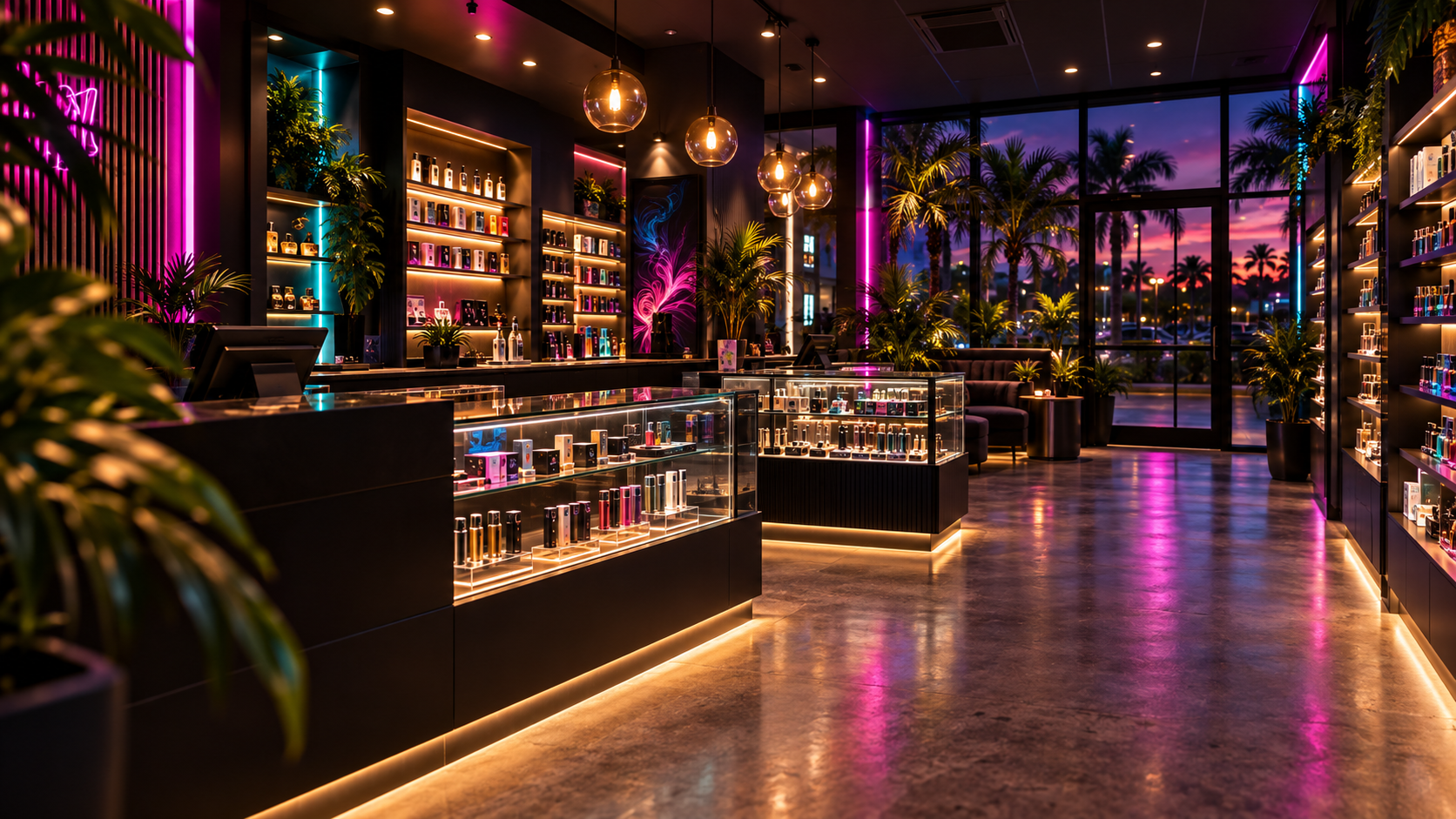 Illustrative neon-lit boutique interior with orderly glass cases